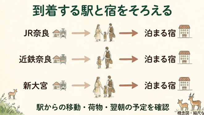 JR奈良、近鉄奈良、新大宮の到着駅と、宿までの移動を合わせて考える概念図