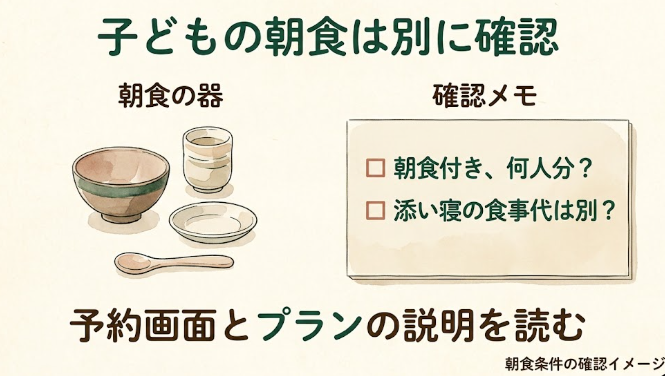朝食付きプランの対象人数と、添い寝の子どもの食事代を別に確認するためのチェック図解