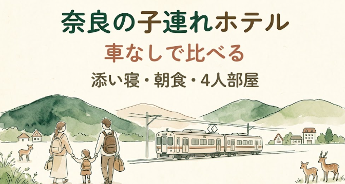 電車で奈良を訪れる家族と鹿を描いた、子連れホテル選びの水彩イラスト